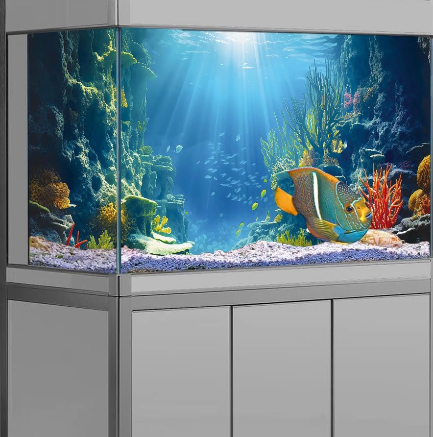 Dtekoj 30X12IN Blue Sea Floor Aquarium Background, Natural Underwater World 3D Effect Fish Tank Decorations Background, Art Terr