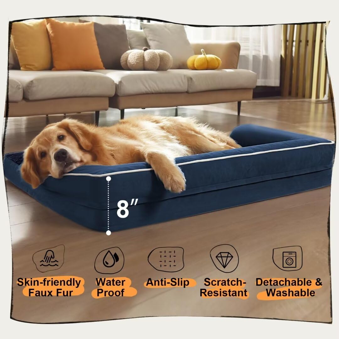Mekiy Orthopedic Large Dog Bed Washable: Orthopedic Dog Beds For Large Xxxlarge Size Dogs, Waterproof Washable Cover With Egg Foam Removable Bolster, Navy Blue Pet Beds For Large Dogs
