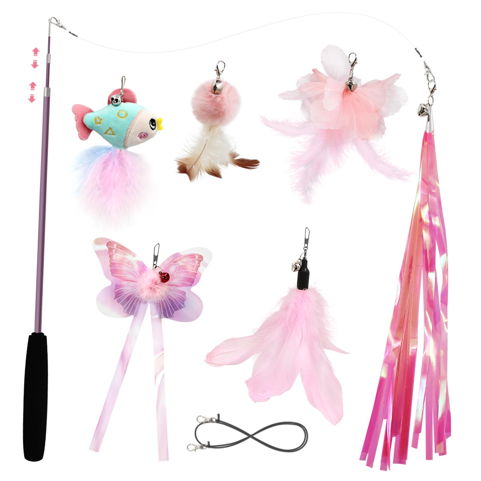 SONGWAY Cat Wand Toys for Indoor Cats - Cat Toy Set with Retractable Teaser Wand and 6 PCS Fairy Feather Toy Refills, Butterfly 