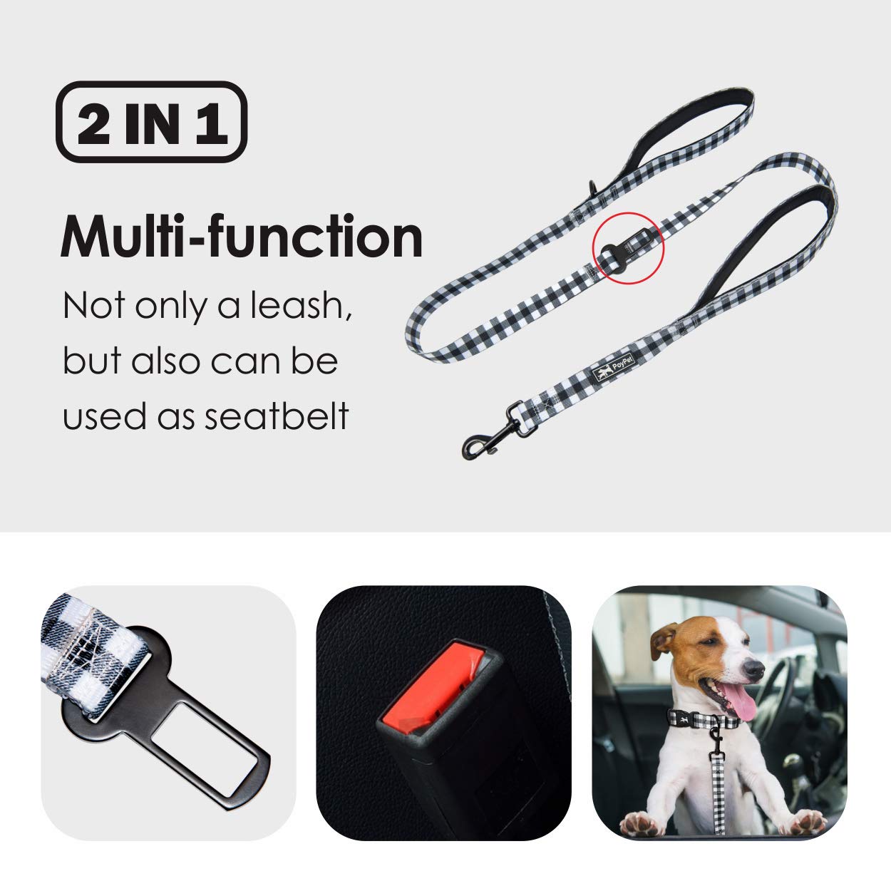 Poypet 5 Feet Dog Leash - 2 Cushioned Handles - Functional Car Seat Belt (Grid, L)