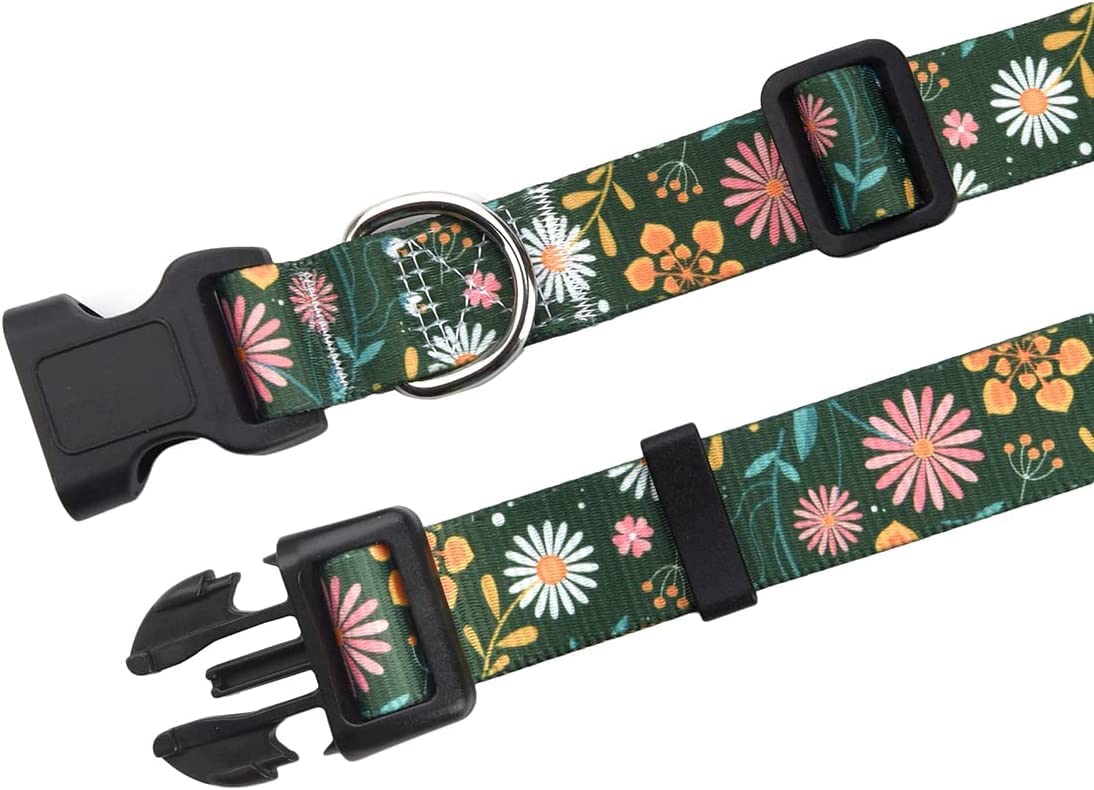 Hqyddmi Dog Collar And Leash Set, Floral Print, Adjustable Collar For Small To Large Dogs, Green Flower Set