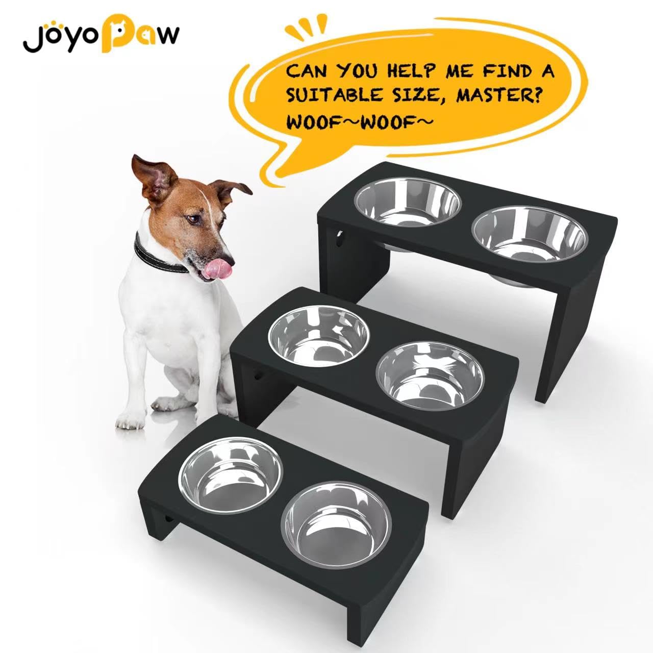 JOYOPAW Elevated Dog Bowls - Bamboo Raised Bowl for Large & Medium Dogs, 10'' Tall, Black, 2 Stainless Steel Bowls, Model FR01