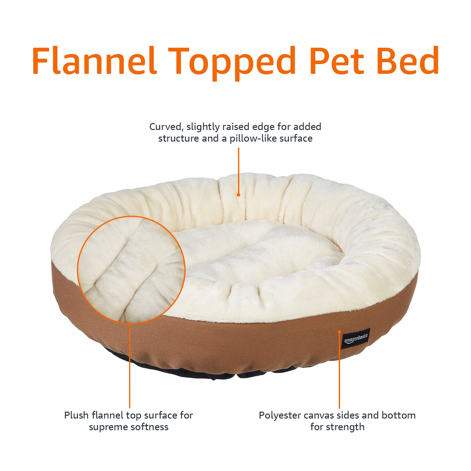 Amazon Basics Round Bolster Pet Bed for Dog or Cat with Flannel Top, 20.0 L x 20.0 W x 8.0 Th, Brown and Ivory