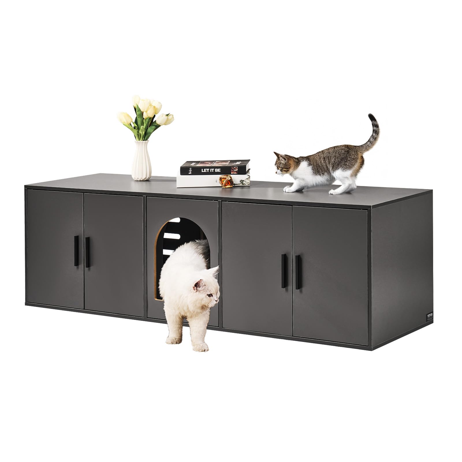 VEVOR Cat Litter Box Enclosure for 2 Cats, Litter Box Furniture Hidden with Double Rooms, Wooden Cat Box Cabinet Fit Most of Lit