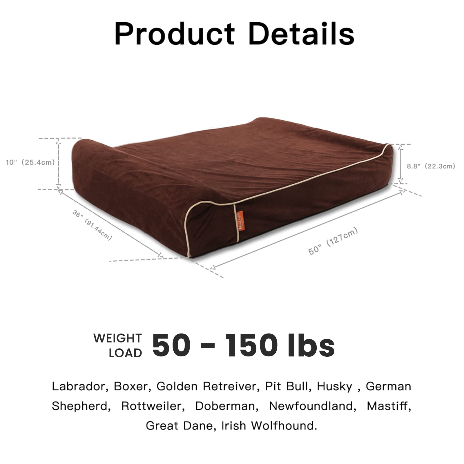 Laifug Orthopedic Memory Foam Extra Large Dog Bed Pillow(50'X36'X10', Chocolate) Durable Water Proof Liner & Removable Washable Cover & Smart Design