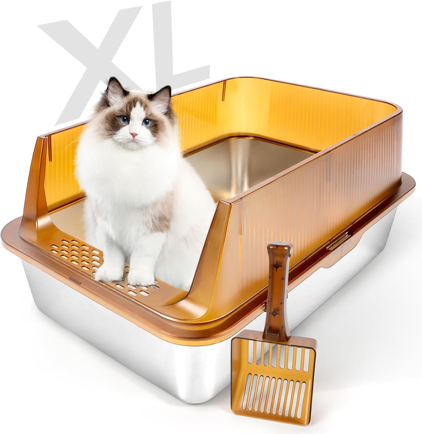 Bartuke Stainless Steel Cat Litter Box, Extra Large Semi Enclosed Litter Box For Big Cats High Sided Metal & Scoop Never Absorbs