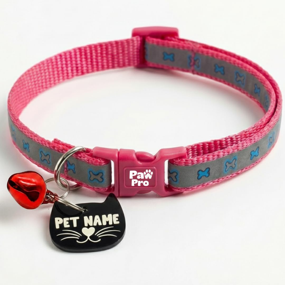 Pawpro Handmade Reflective Pet Collar With Custom Id Tag  Adjustable Collar With Bell For Cats & Small Dogs  Personalized Name