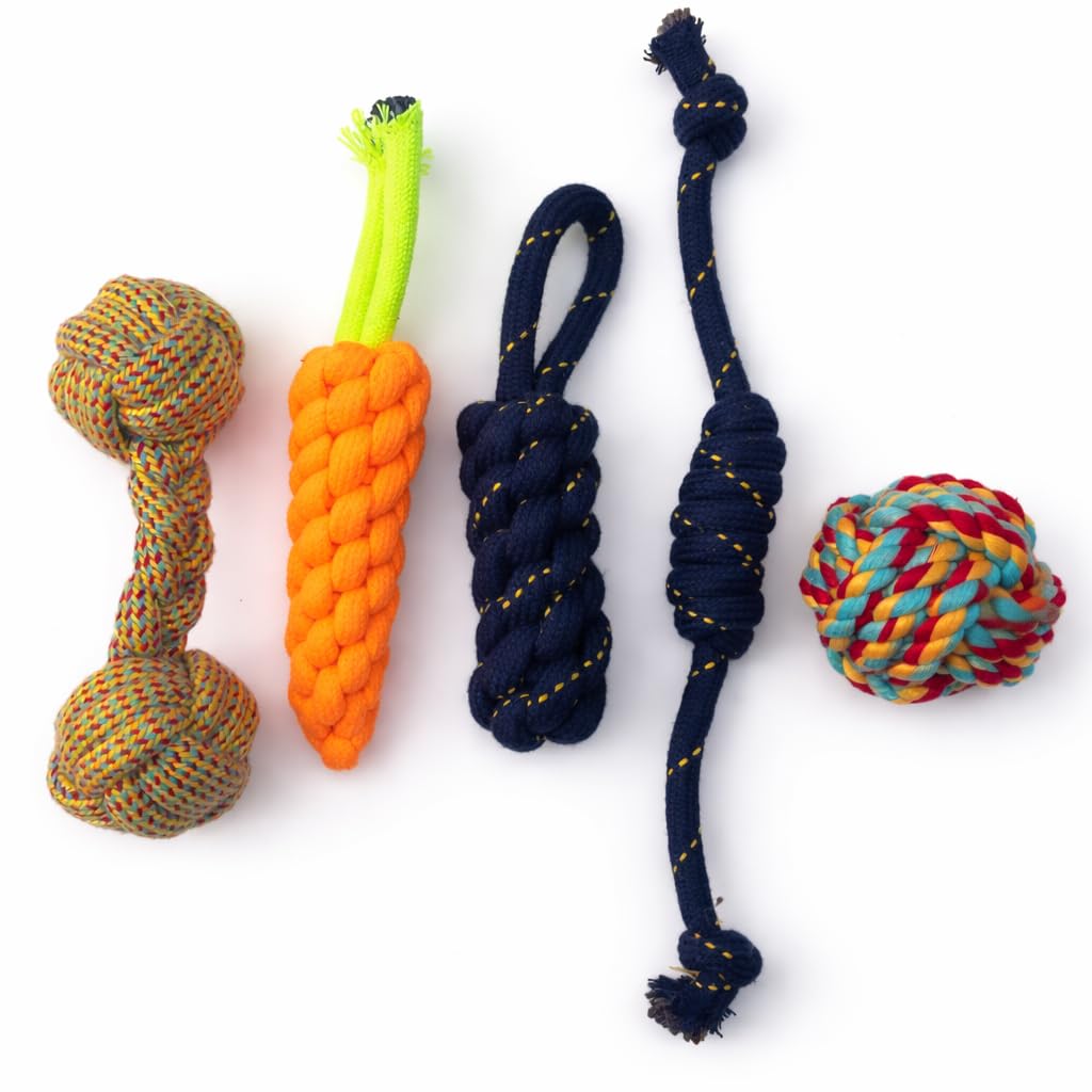 Waggy Tails Dog & Puppy Rope Toy Set Pack Of 5  Durable Cotton Chew, Teething & Tug Toys With MultiKnot Design For Small To Me