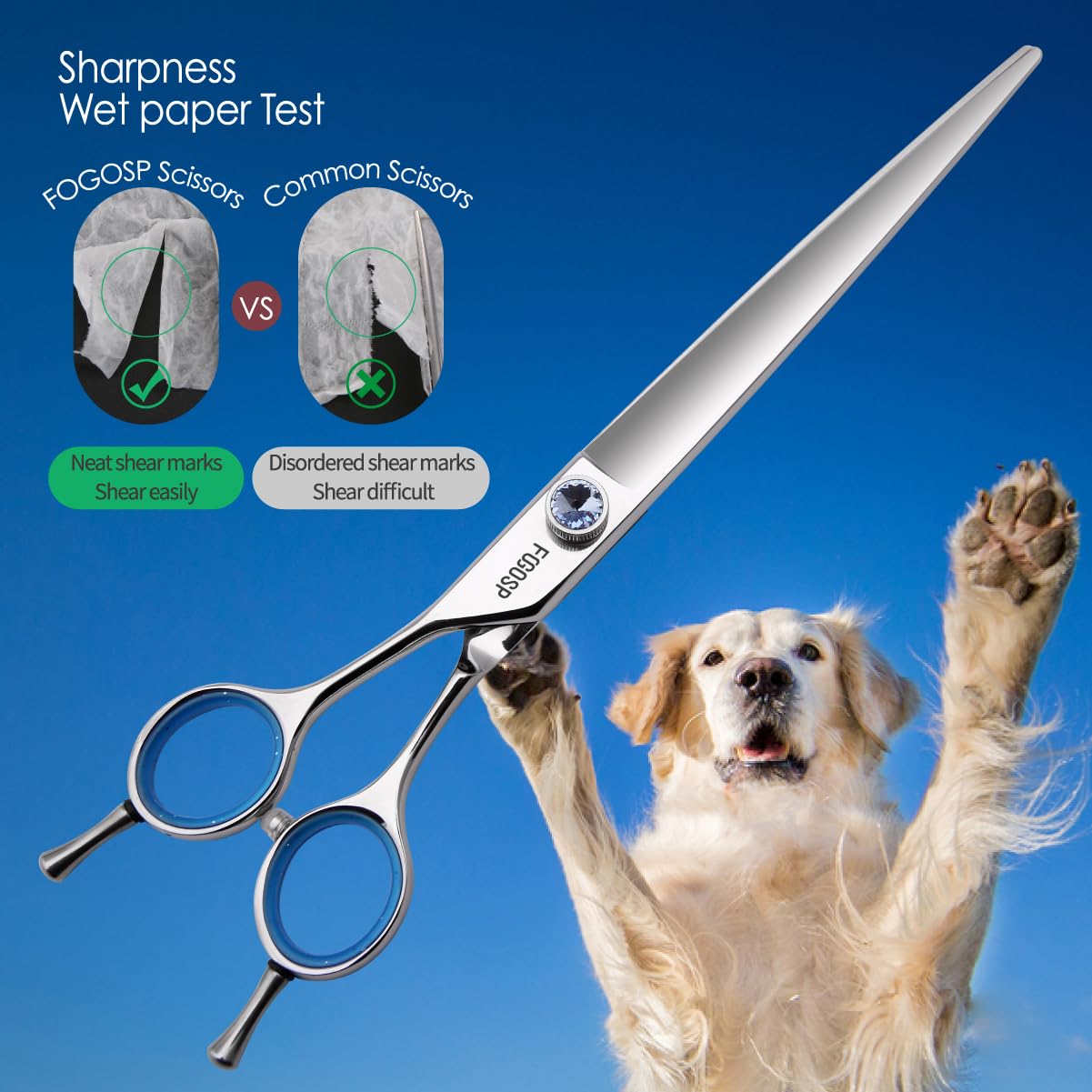 Japanese 440C Stainless Steel Dog Scissors - Super Sharp 8.0'' Straight Left Handed Large Dog Shears For Grooming Poodle