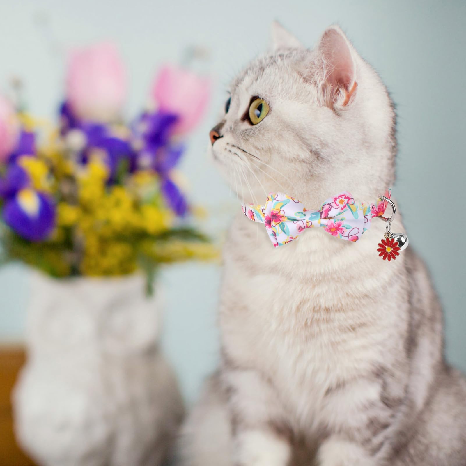 Scenereal Floral Cat Bandanas - 2 Pack Breakaway Collars With Bell Bowtie, Accessories For Pet Birthday, Adjustable Cute Cat Col