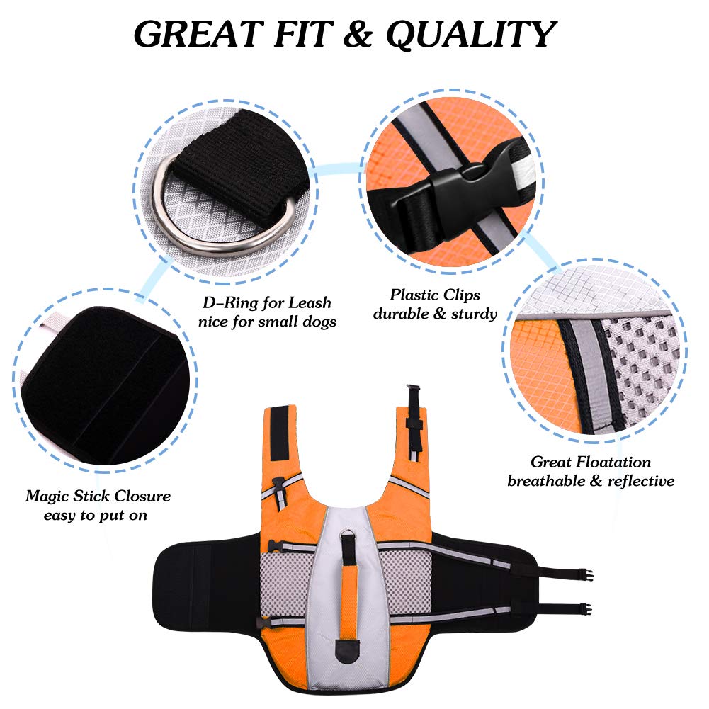 Dog Life Jacket Swimming Vest Lightweight High Reflective Pet Lifesaver With Lift Handle, Leash Ring Orange,Xs