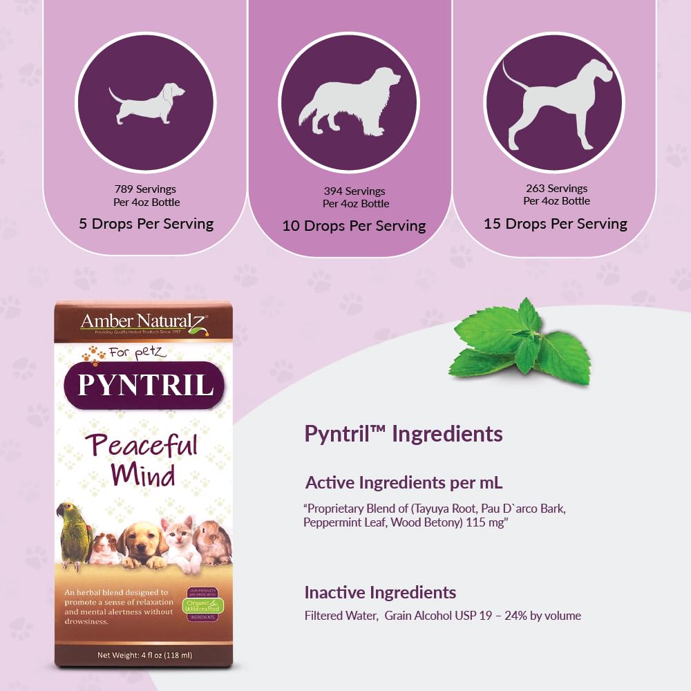 AMBER NATURALZ Pyntril Peaceful Mind Herbal Supplement for Dogs, Cats, Birds, Guinea Pigs, and Rabbits | Herbal Pet Supplement f