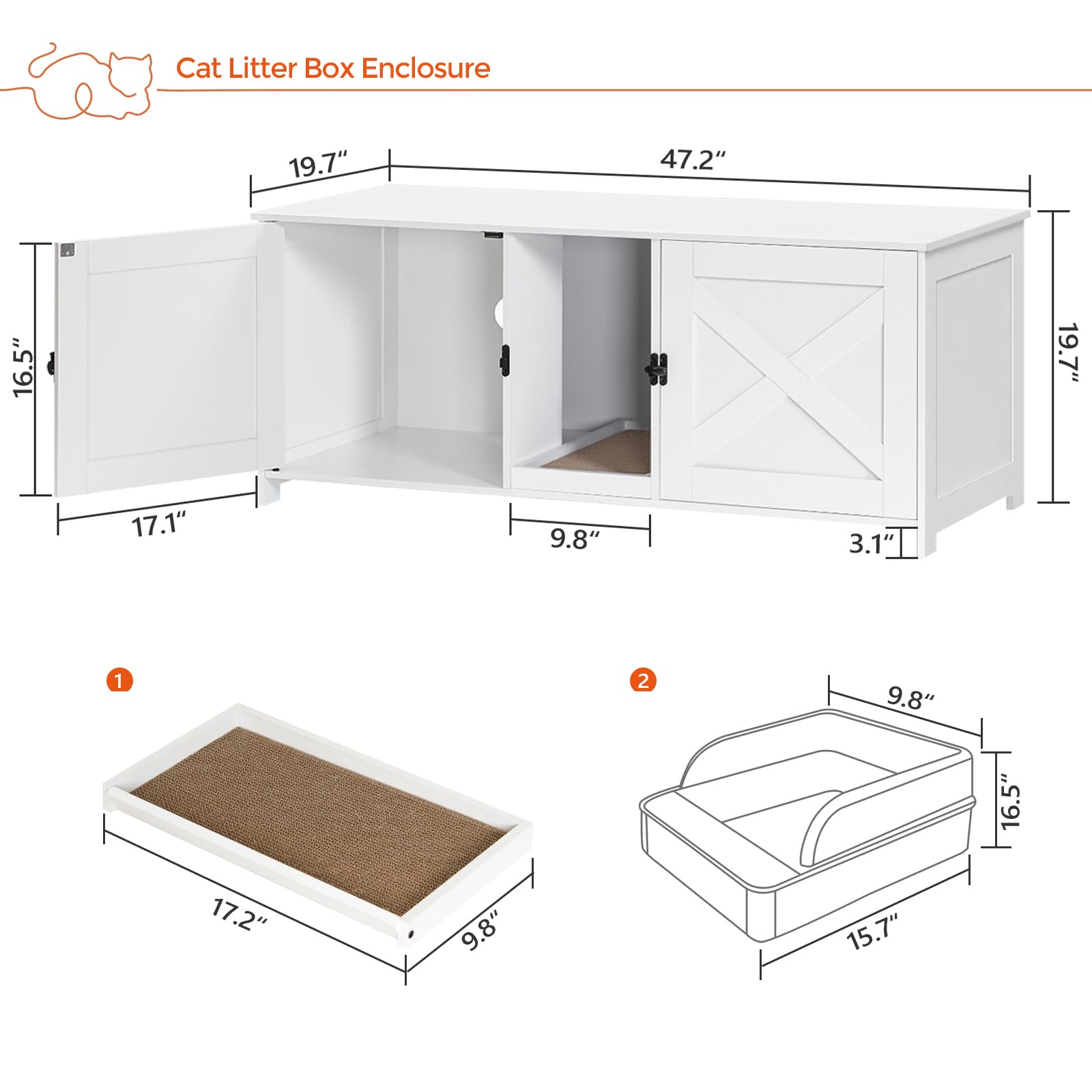 MAHANCRIS Cat Litter Box Enclosure for 2 Cats, 47.2" Wooden Washroom, White, Model 999CWWT1201, Includes Scratching Board