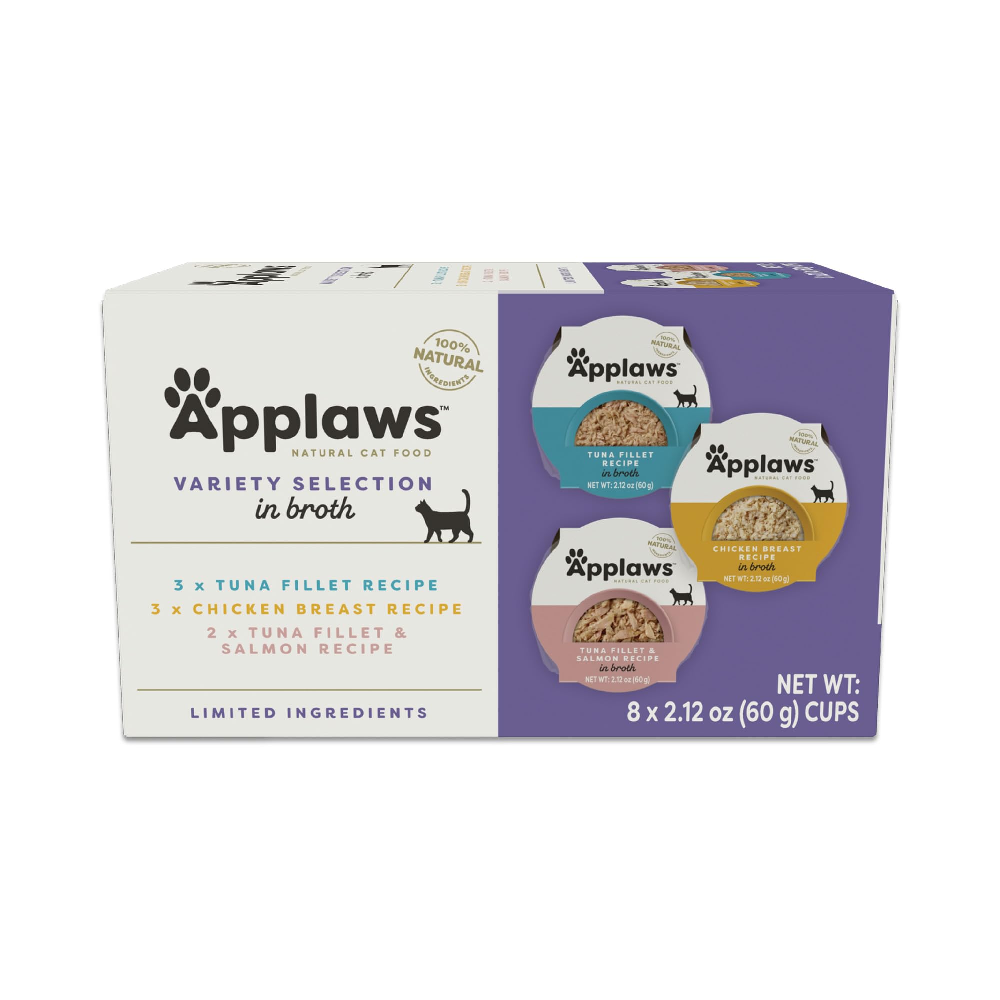 Applaws Natural Wet Cat Food, Limited Ingredient, Grain-Free, Protein with No Artificial Additives, Variety Pack in Broth (8X 2.