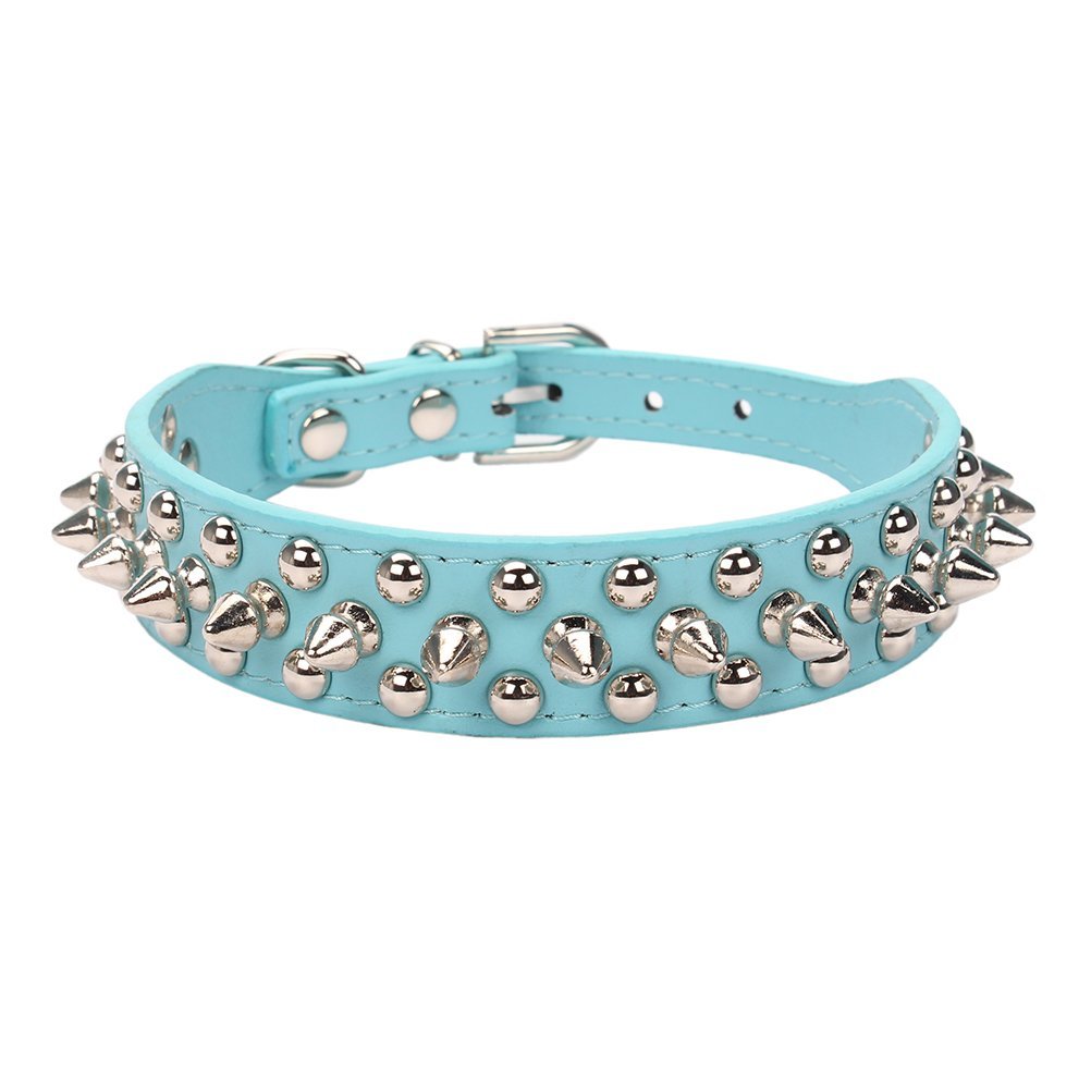 Aolove Mushrooms Spiked Rivet Studded Adjustable Pu Leather Pet Collars For Cats Puppy Dogs (Small, Blue)