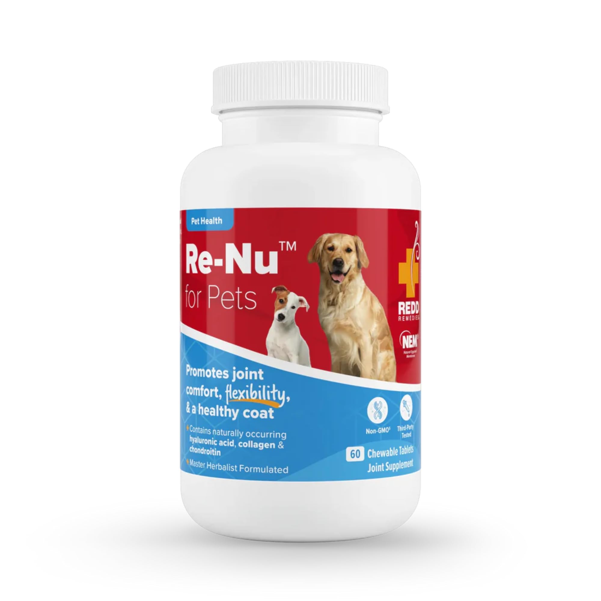 Redd Remedies, RE-NU for Pets, Joint Pain Relief Support for Dogs with Glucosamine, Chondroitin, and Collagen from NEM, Calcium 