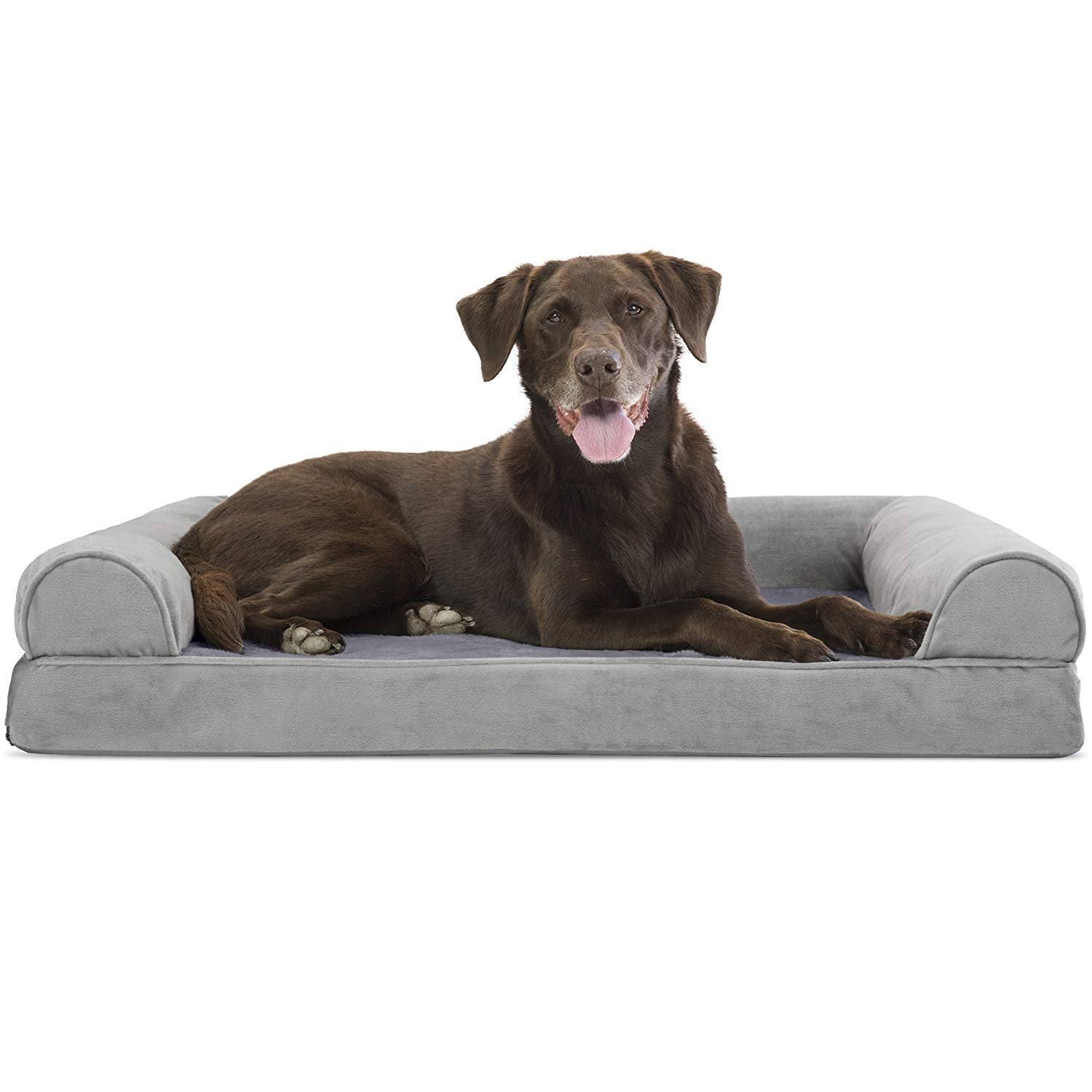 Furhaven Orthopedic Dog Bed For Large/Medium Dogs W/ Removable Bolsters & Washable Cover, For Dogs Up To 55 Lbs - Faux Fur & Velvet Sofa - Smoke Gray, Large