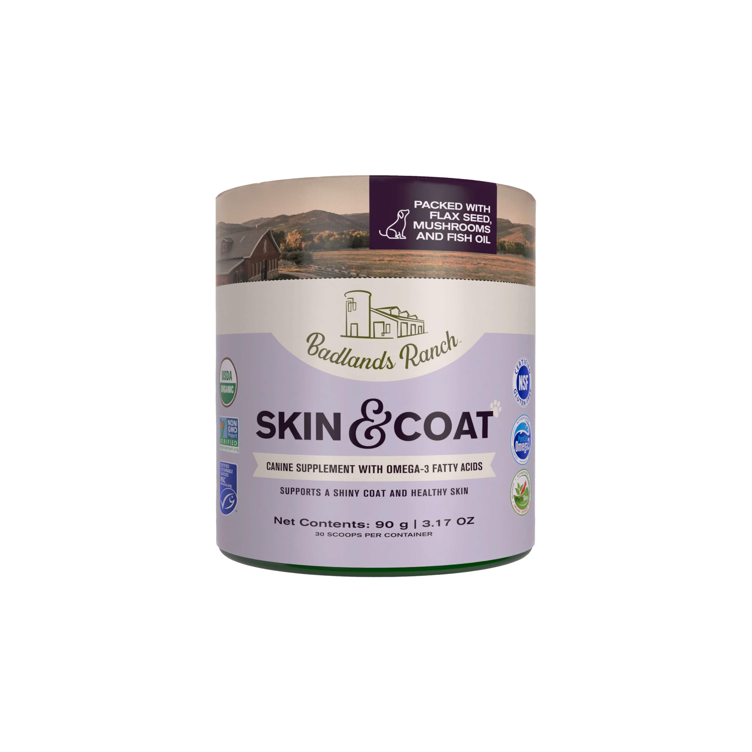 Badlands Ranch - Skin & Coat Canine Supplement w/Omega-3 Fatty Acids, Org. Ingredients, Antioxidant Topper, Nourish Coat &Paws, 