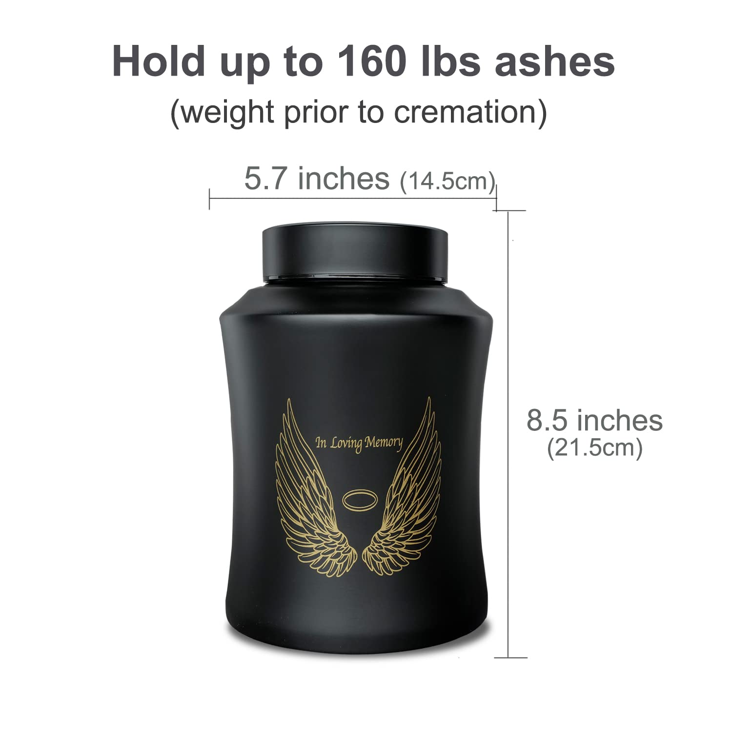 Up To 160 Lbs Large Cremation Urns For Adult Human Ashes, Angel Wings In Loving Memory Decorative Funeral Burial Urn For Male Female Ashes With Velvet Bag(Black)