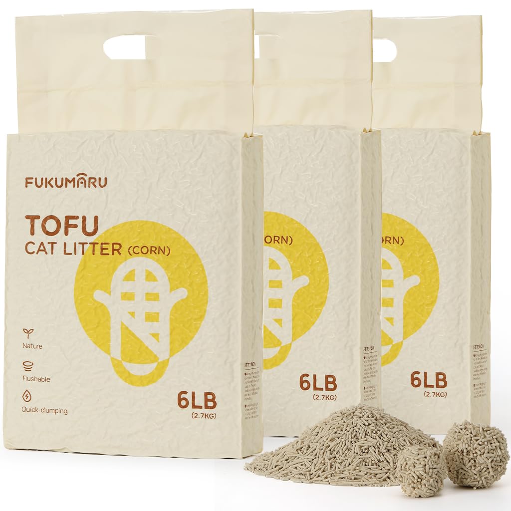 Fukumaru Tofu Cat Litter, 100% Natural Ingredients Litter, Flushable, Dust Free, Quick Clumping, Lightweight, Low Tracking Cat Litter Pellets, Effective Odor Control, Unscented, 18 Lbs (3 Packs)