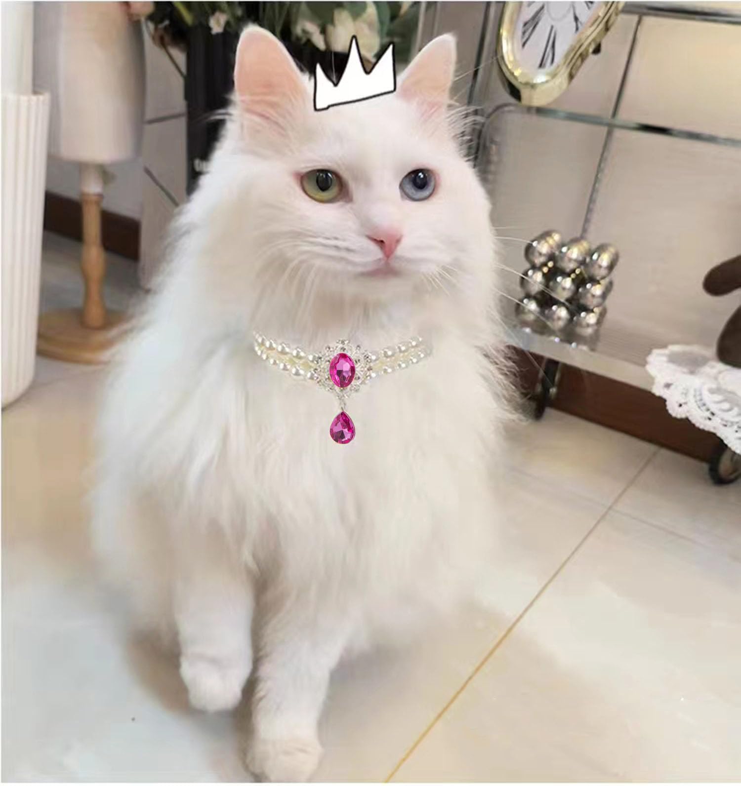 Daovace 2 Row Pearls Collar For Cats Pearl Dog Collar Rhinestone Necklaces For Small Dogs Collar Accessories Cat Pearl Collar (M