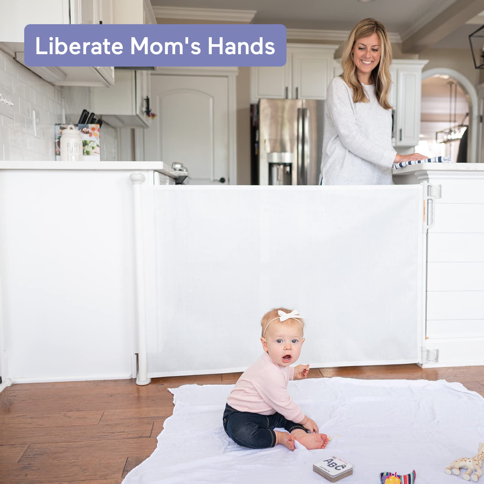 Momcozy Retractable Baby Gate - Extra Wide 33" Tall x 71" Wide, White, Polyester, Ideal for Stairs, Doorways, Indoor/Outdoor Use