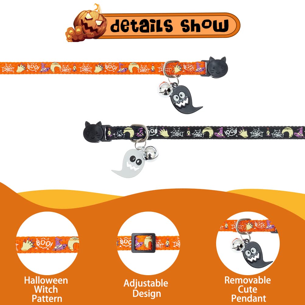 Expawlorer Halloween Cat Collar Breakaway - Glow In The Dark Holiday Pet Puppy Collar With Bell And Cute Ghost Pendant, Ideal Gift Adjustable Safety Collars For Cats, 2 Pack