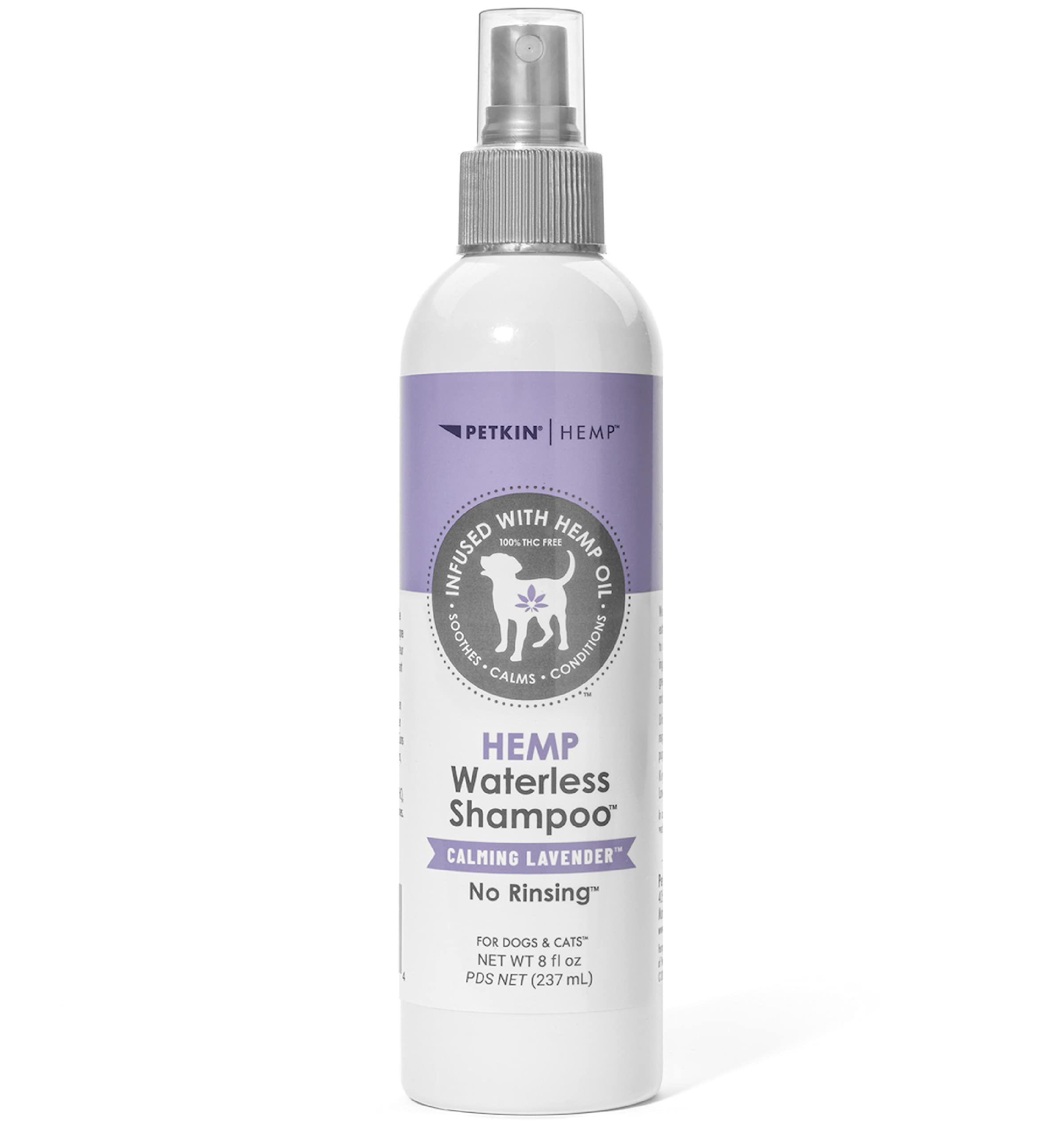Petkin Hemp Waterless Dog Shampoo Spray - with Hemp Oil & Calming Lavender Extract, 8 fl oz - for Cats and Dogs - Soothes, Calms