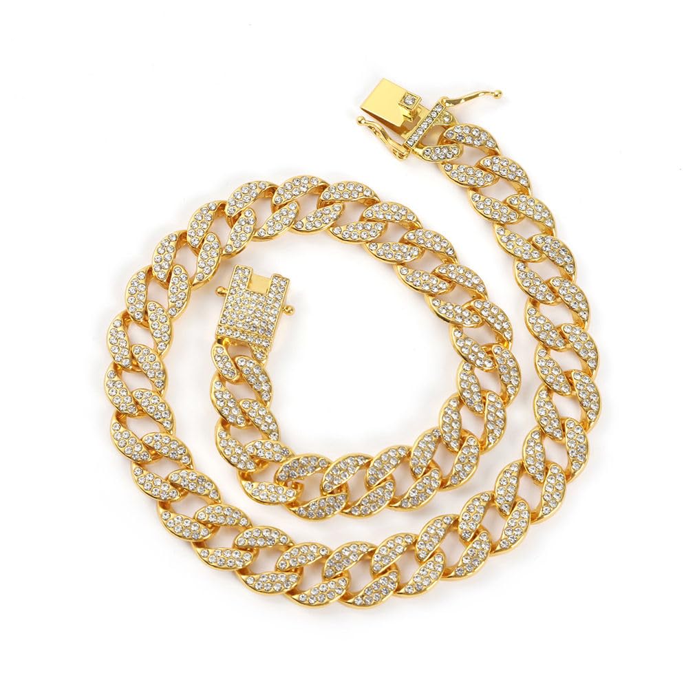 Gold Chain Dog Collar, Glitter Rhinestone Sparkly Diamond Jewelry Metal Necklace Cuban Link Bling Puppy Collars For Small Medium