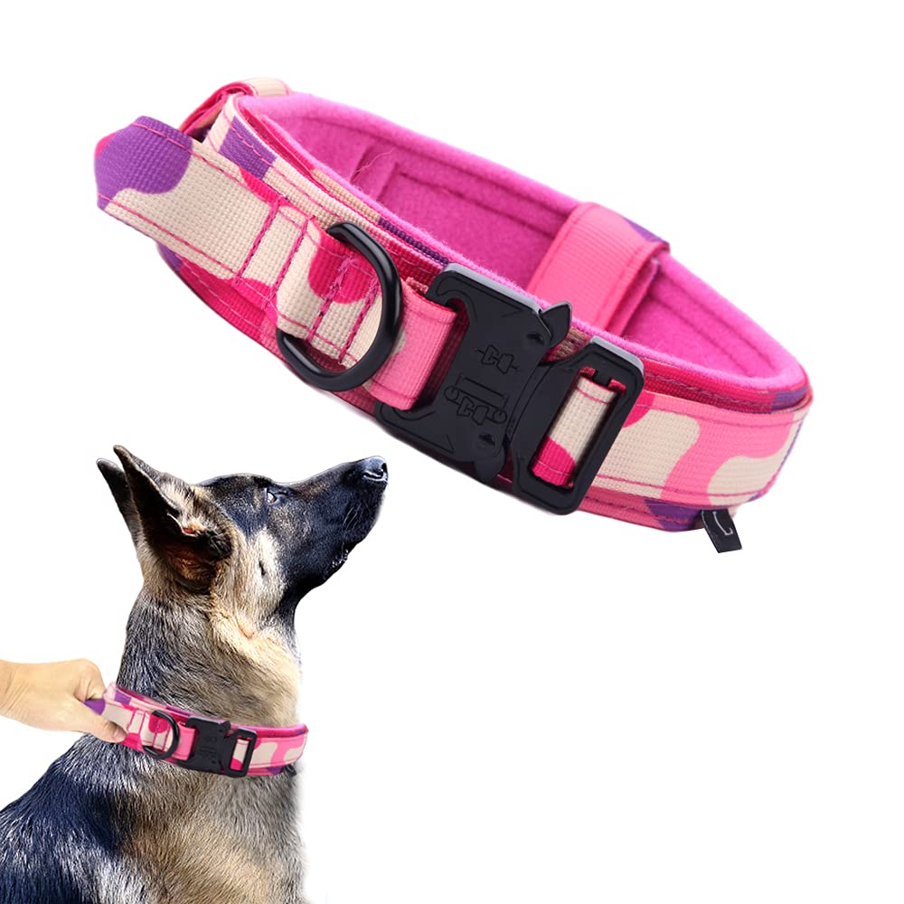Tactical Dog Collar Military Dog Collar Adjustable Nylon Dog Collar Heavy Duty Metal Buckle With Handle For Dog Training (Pink Camo,Xl)