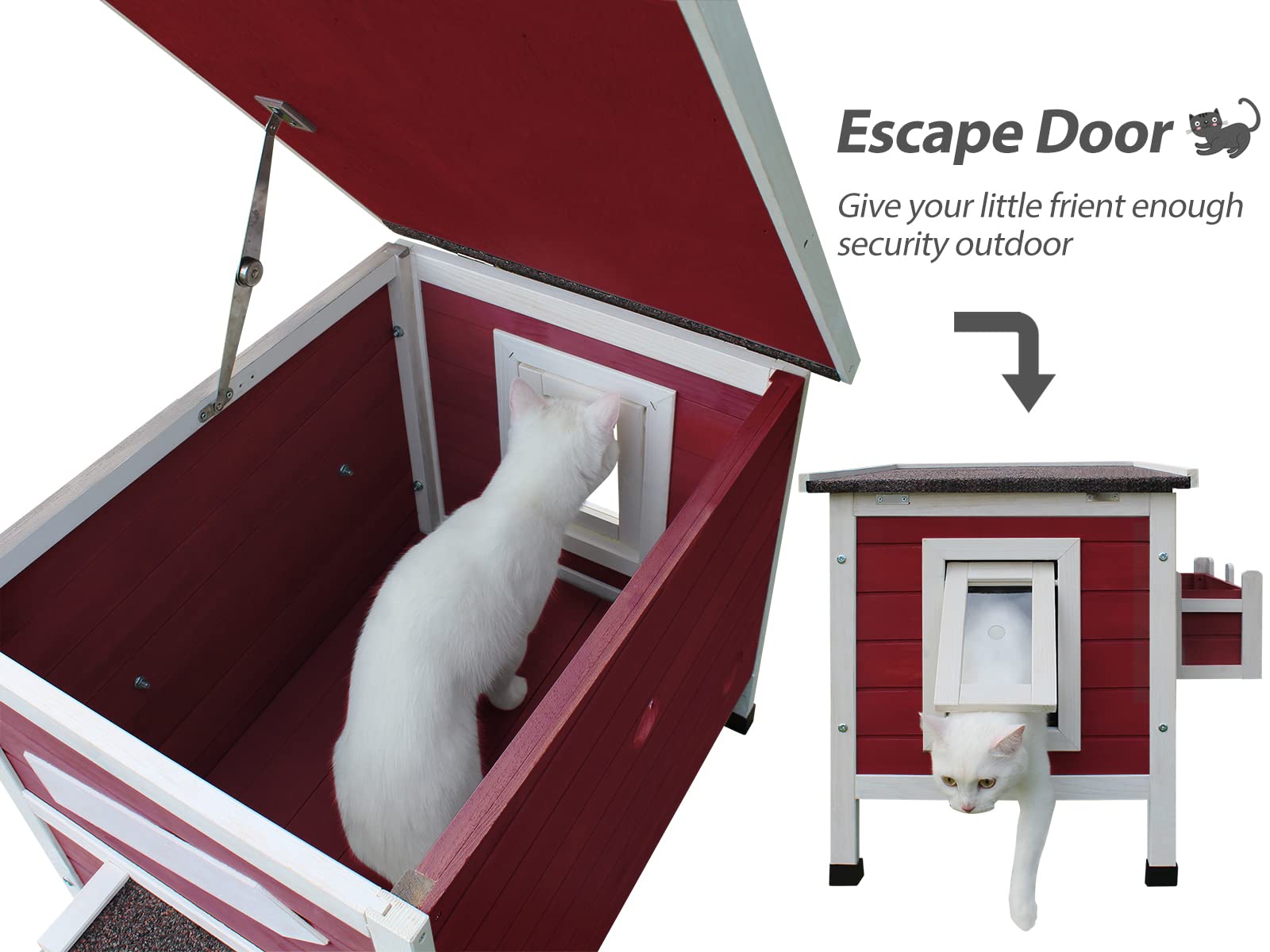Rockever Outdoor Cat House - Large Weatherproof Wooden Shelter for Feral Cats, Escape Door, Wine Red, Model 4002r