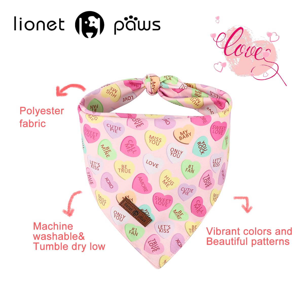 Lionet Paws Valentine'S 2Pcs Dog Bandanas, Red Floral Dog Scarf Bib Premium Fabric, Happy Valentine Heart Bandanas For Medium La