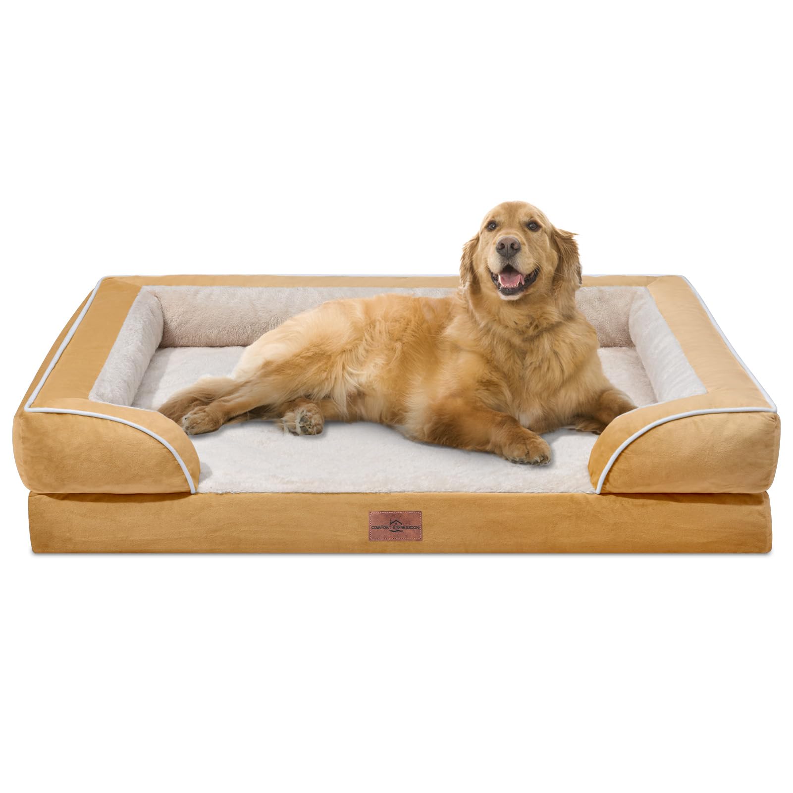 Comfort Expression Extra Large Dog Beds, Xl Dog Beds Waterproof, Orthopedic Dog Bed With Bolster, Washable Dog Bed Sofa Pet Bed With Removable Cover & Non-Slip Bottom(X-Large,Khaki)