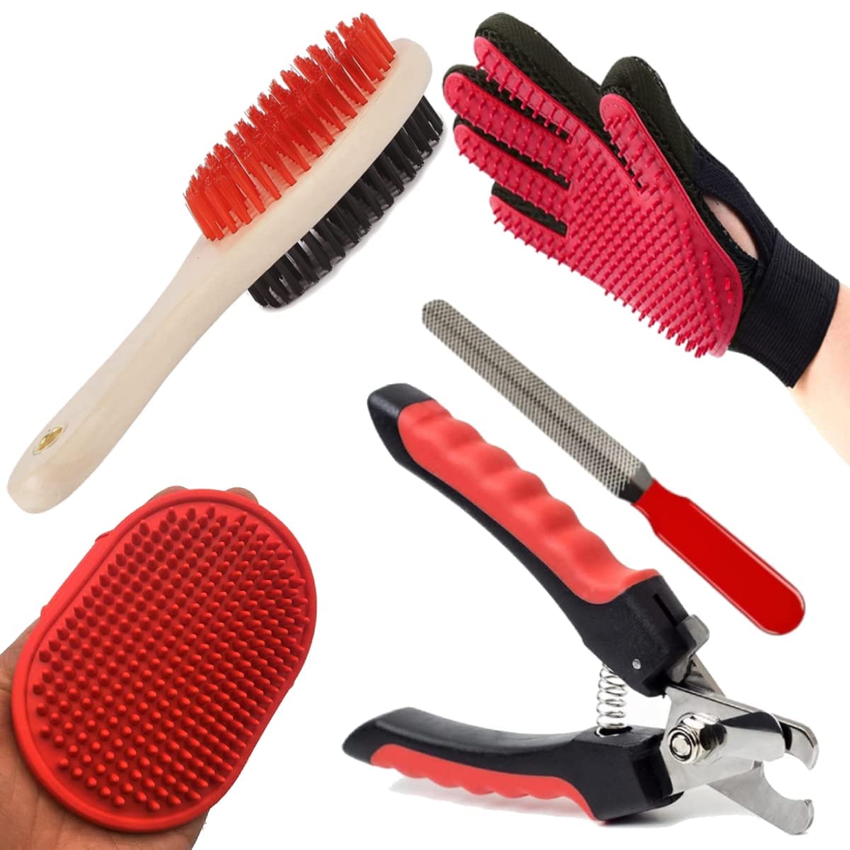 Pups&Pets Dog Grooming 4 in 1 Comb Kit  Dog Nail Clippers, Bath Brush Grooming Comb with Adjustable Ring, Pet Wood Handle Doubl