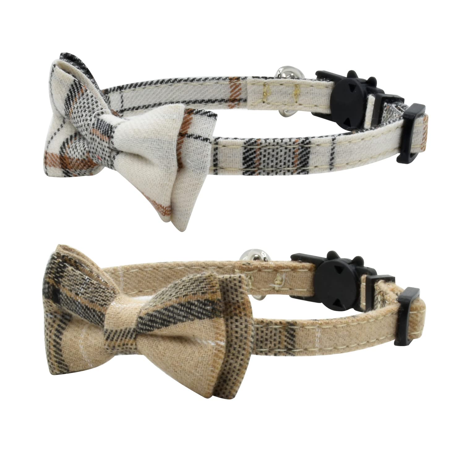Cat Collar Breakaway With Bell And Bow Tie, Plaid Design Adjustable Safety Kitty Kitten Collars(6.8-10.8In) (White&Cream Color P