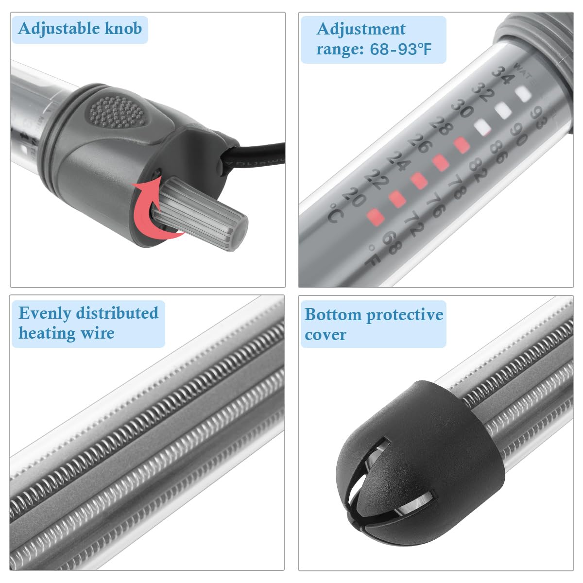 Hitop 25W 50W Adjustable Aquarium Heater, Submersible Fish Tank Heater Thermostat With Suction Cup (25W)