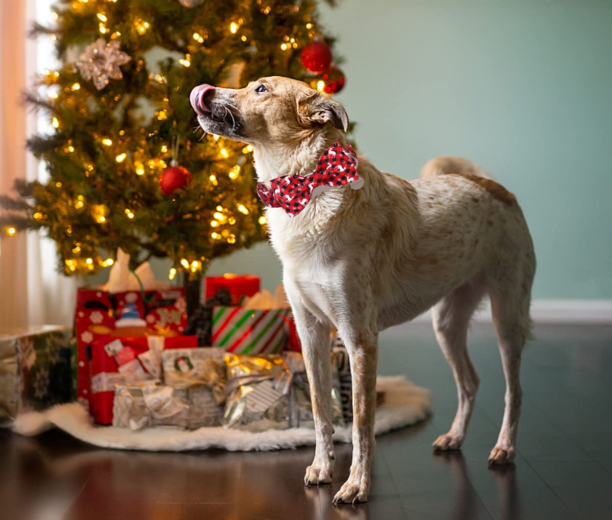 Dogwong Christmas Dog Collar With Bow Tie, Red Plaid Deer Dog Collar Soft Durable Adjustable Cotton Puppy Collar For Small Mediu