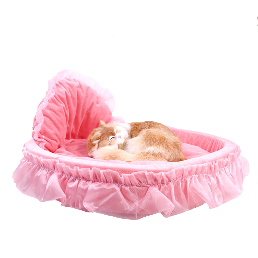 Wysbaoshu Cute Princess Pet Bed Bow-Tie Lace Cat Sofa Soft Plush Small Dog Cushion Bed Kitten Puppy Round Beds (S, Pink)