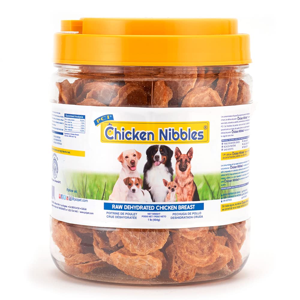 Pet Center, Inc. PCI Chicken Nibbles Raw Dehydrated Chicken Breast Dog Treats, 1 Pound Container,16 oz,CHK-101