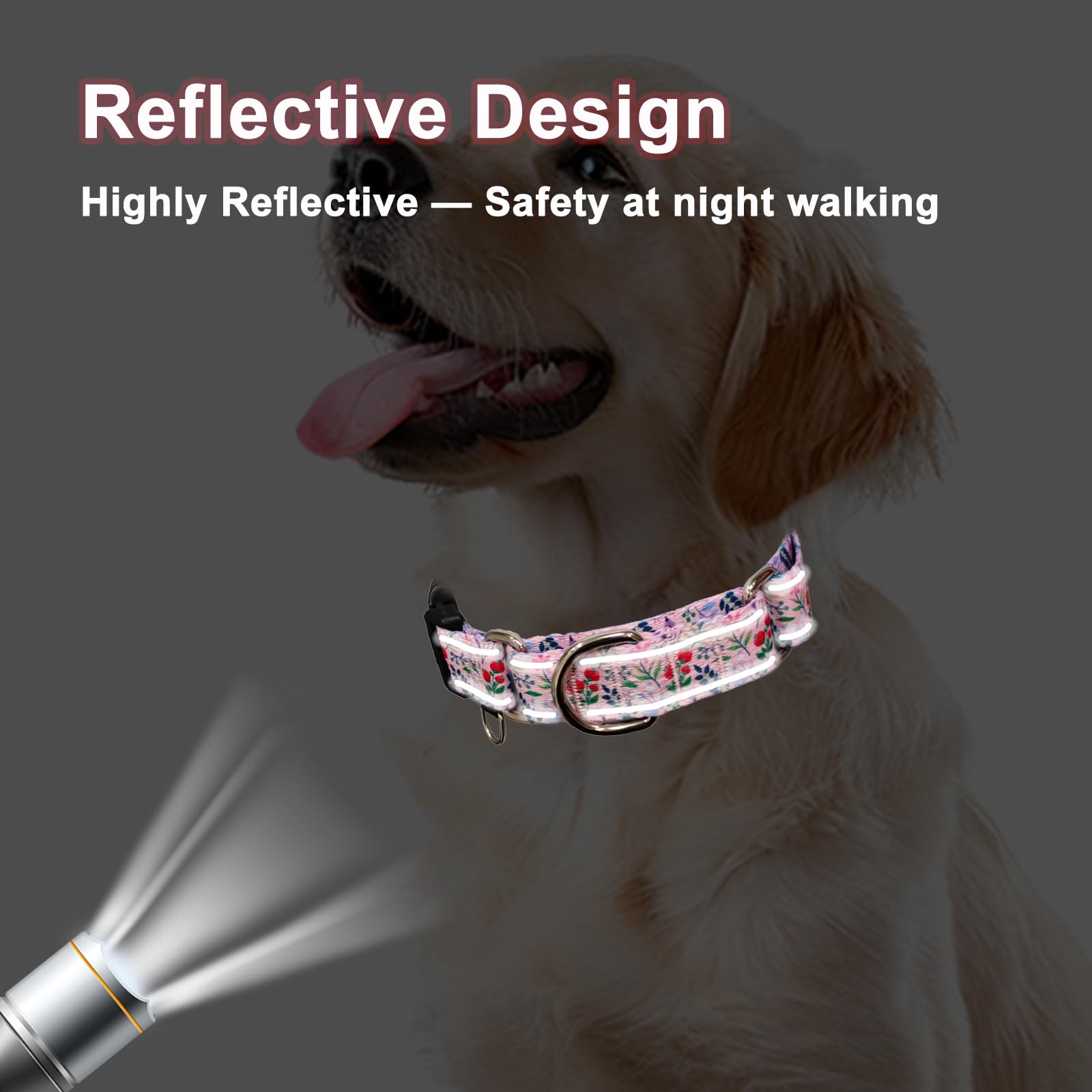 Fidohug Reflective Martingale Collar With Quick Release Buckle Anti Pulling Girl Female Dog Collars (Pink Flowers Plants, Large)