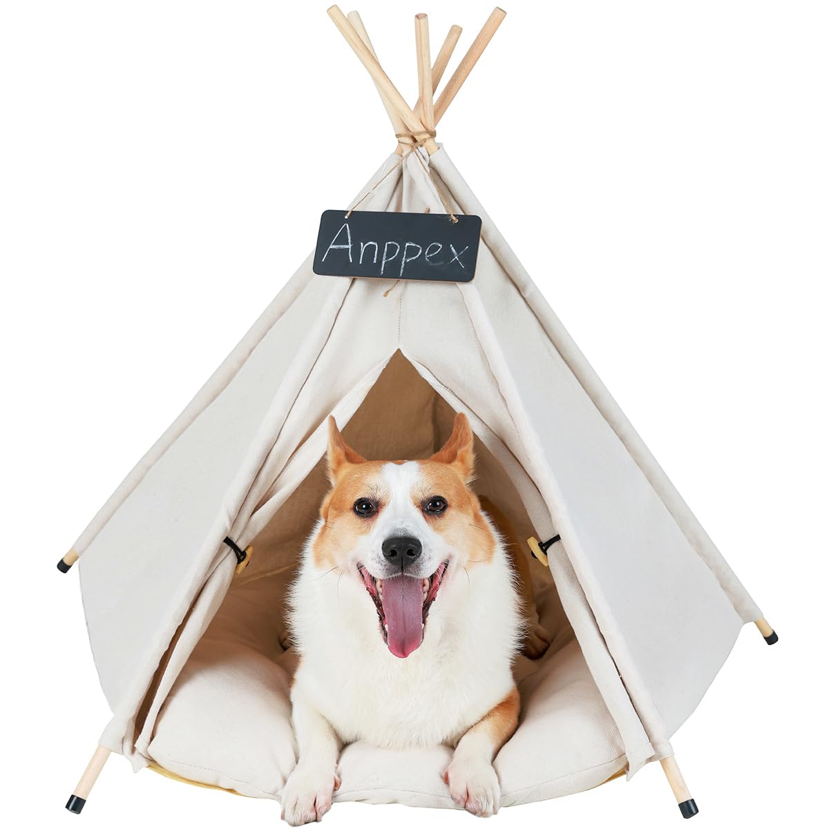 Anppex 28-Inch Dog Teepee Tent Indoor,L Size Pet Tent Bed For Medium And Small Dogs,Indoor Dog House With Thick Cushion,White
