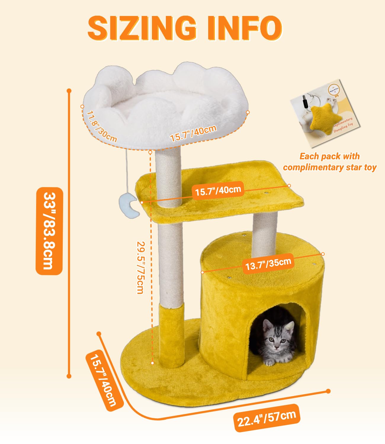 Happi N Pets Cat Tree, 33 Multi-Level Cloud Cat Tree Tower with Cozy Padded Bed & Large Condo for All Sized Cats, Featuring Scra