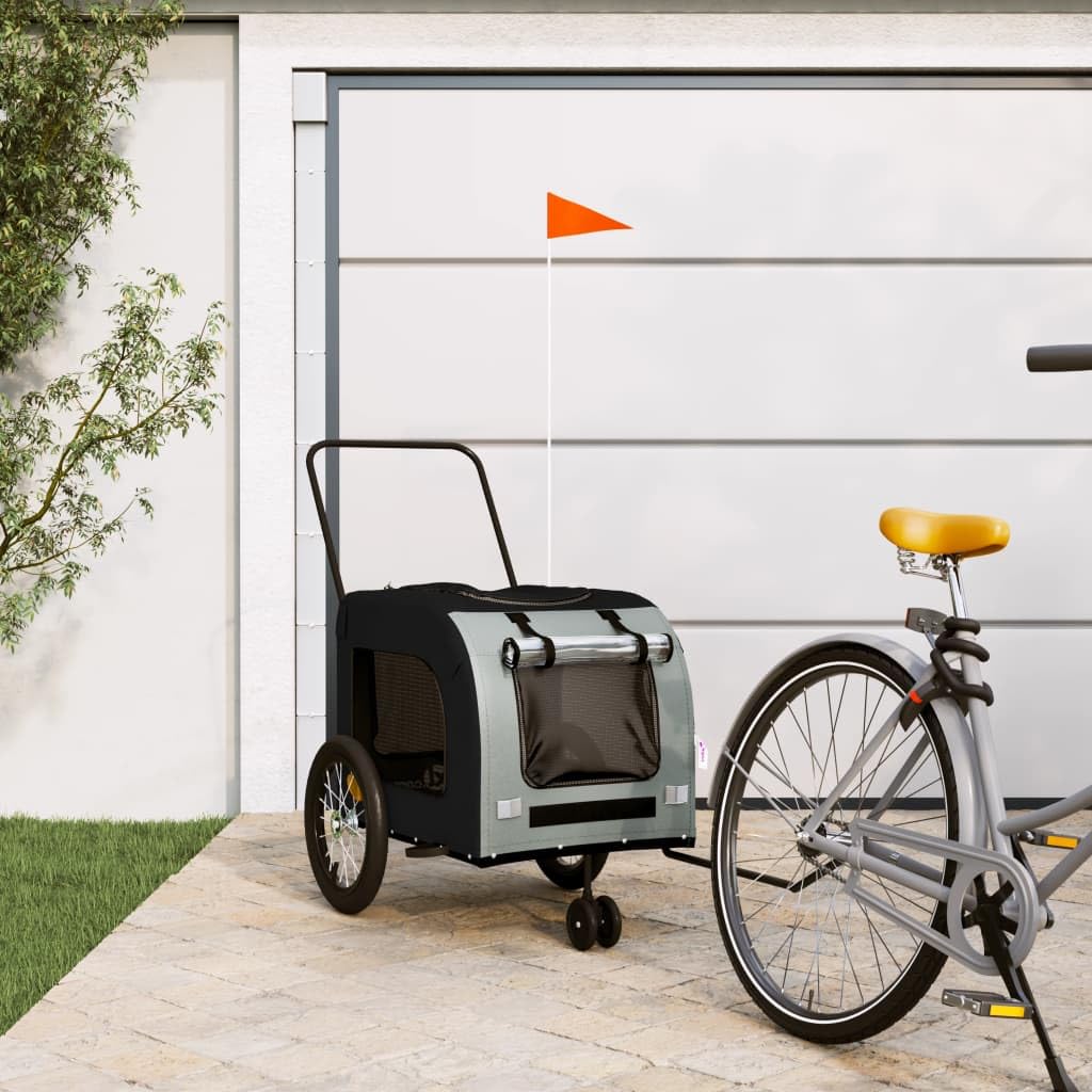 vidaXL Pet Bike Trailer - Black/Gray Iron Frame for Small Dogs & Pets - Oxford Fabric, PVC Cover, Reflectors, Flag - 24.8x47.6x25.6 inches
