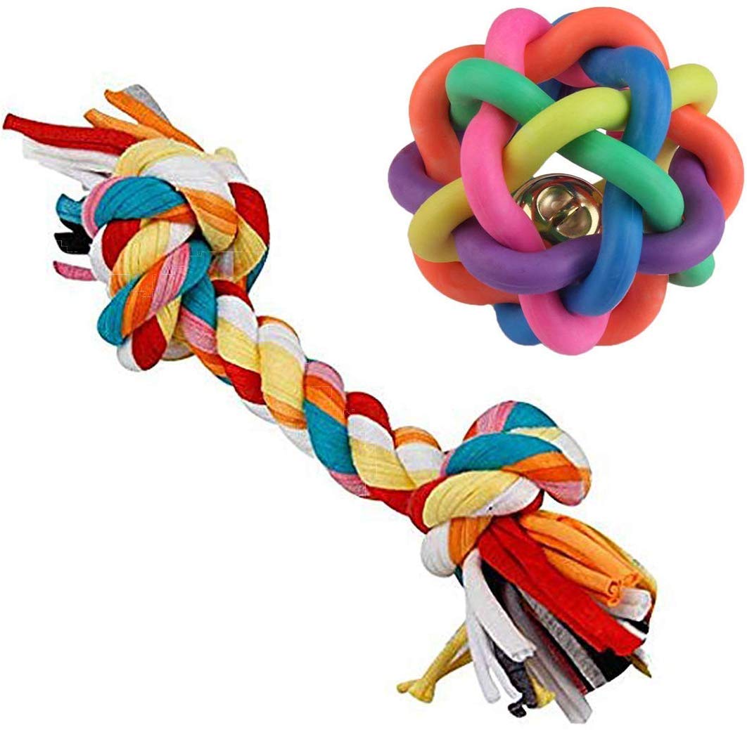 Psk Squeaky Rainbow Cotton Rubber Ball With Rope Chew Toy Combo For Dog  2 In 1  Multicolor