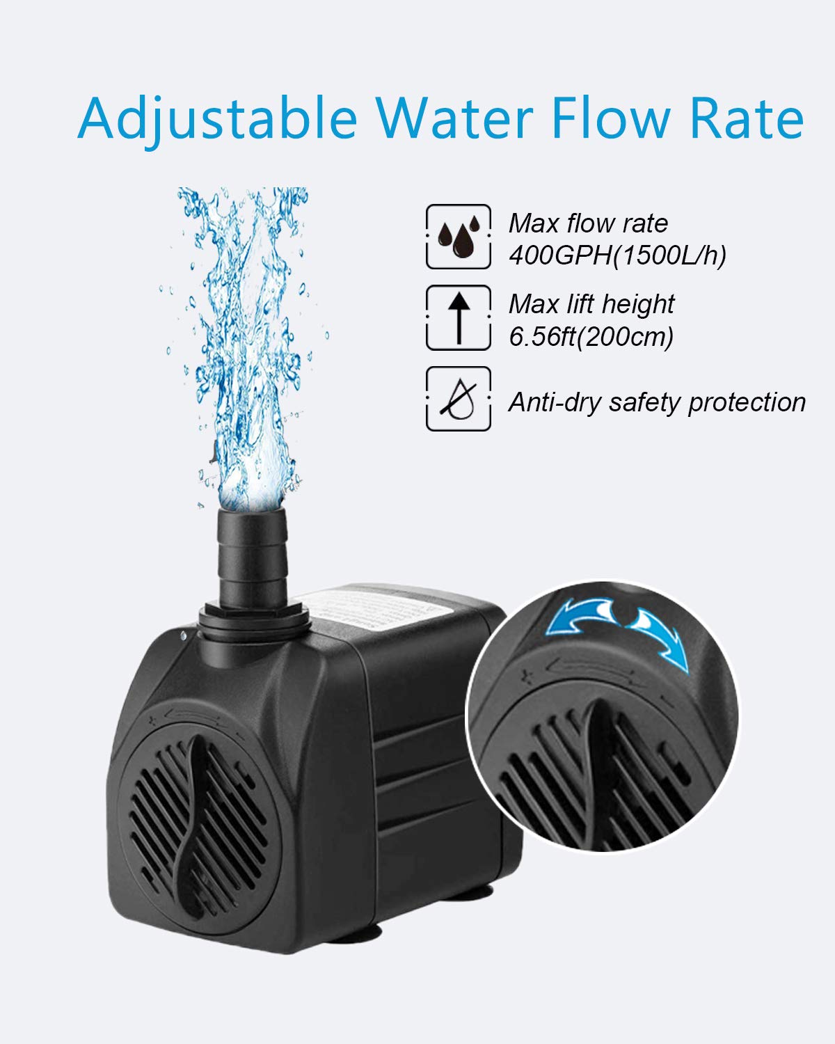 SongLong Submersible Pump 400GPH (1500L 25W) Ultra Quiet with Dry Burning Protection 6.5ft High Lift for Fountains, Hydroponics,