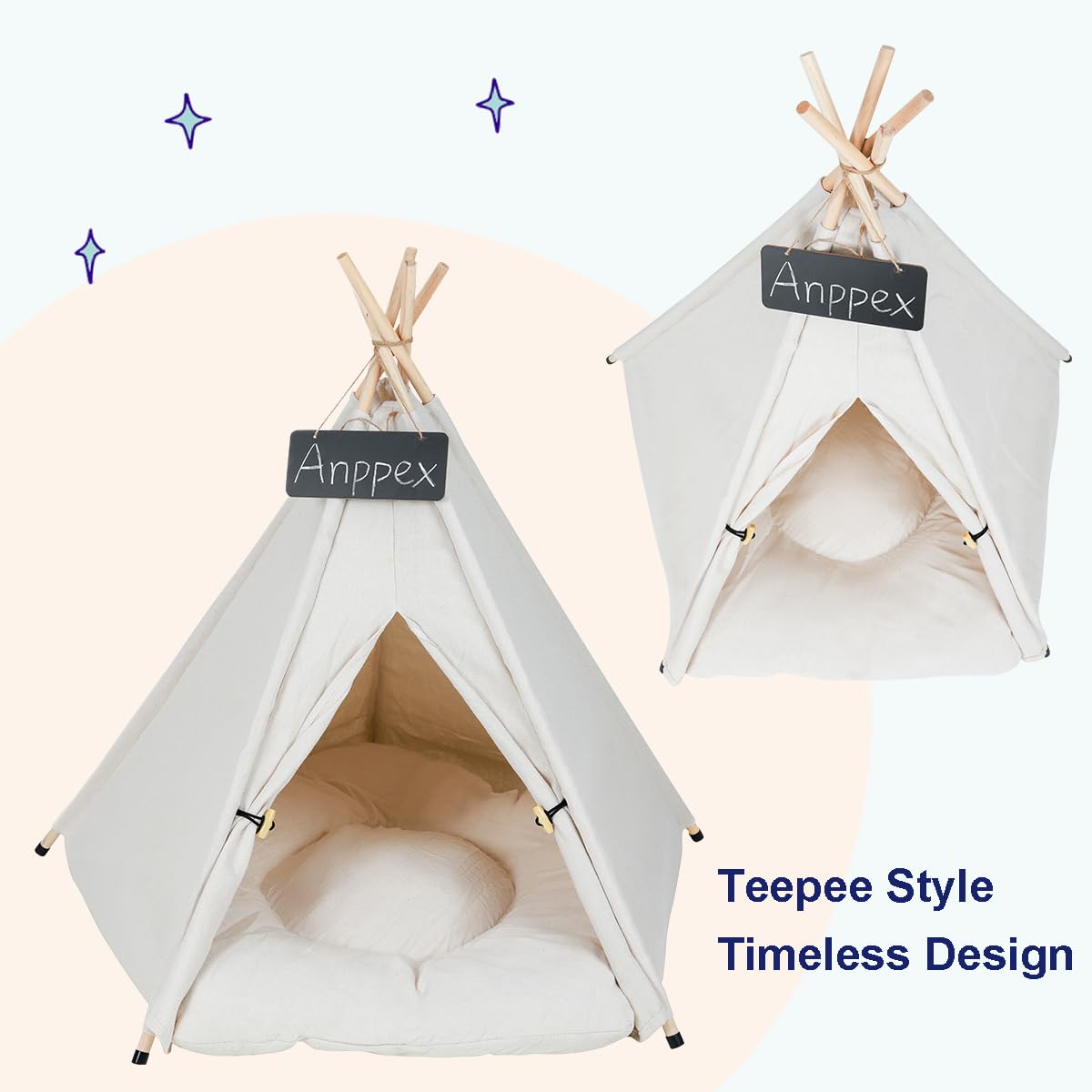 Anppex 28-Inch Dog Teepee Tent Indoor,L Size Pet Tent Bed For Medium And Small Dogs,Indoor Dog House With Thick Cushion,White