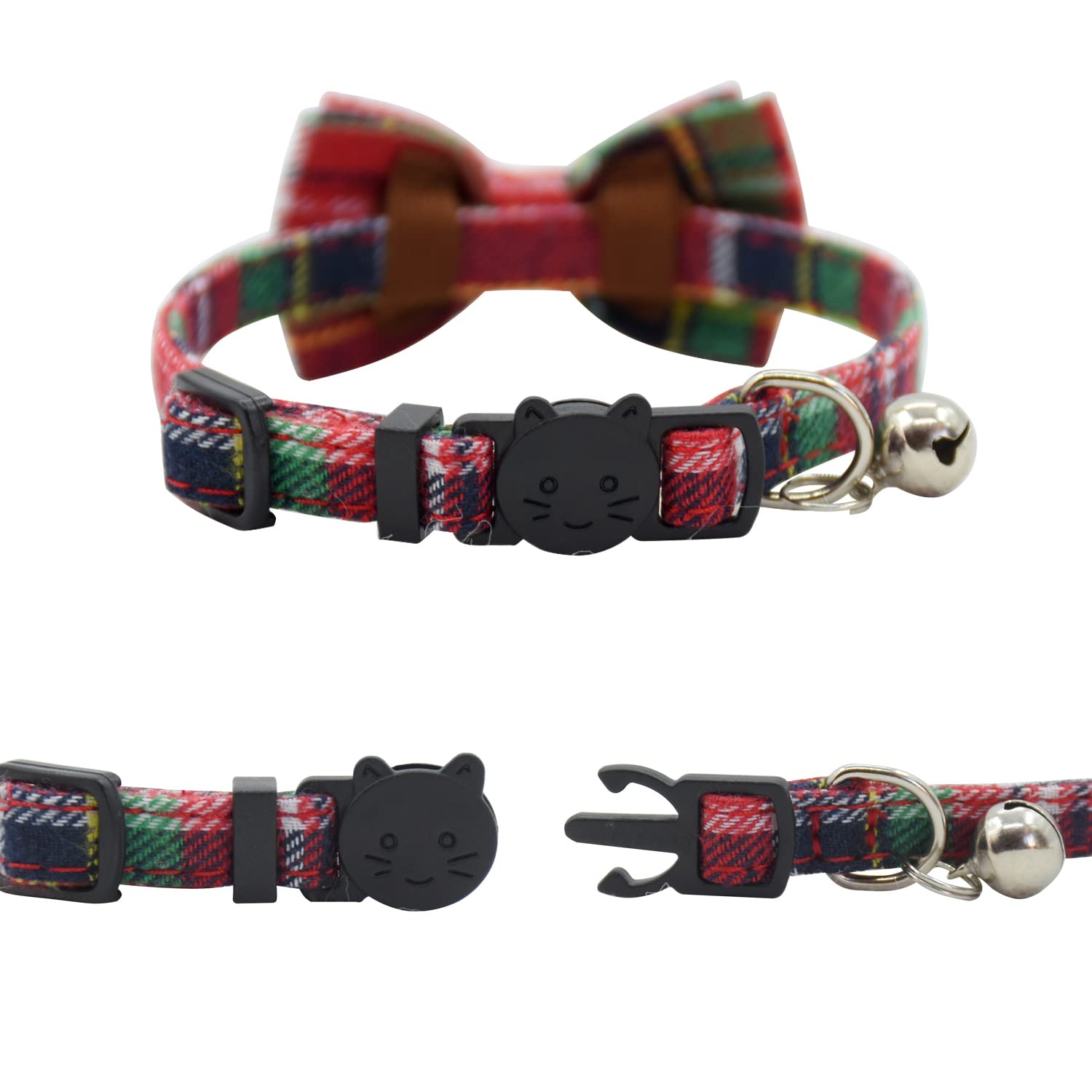 Cat Collar Breakaway With Bell And Bow Tie, Plaid Design Adjustable Safety Kitty Kitten Collars(6.8-10.8In) (Christmas Red)