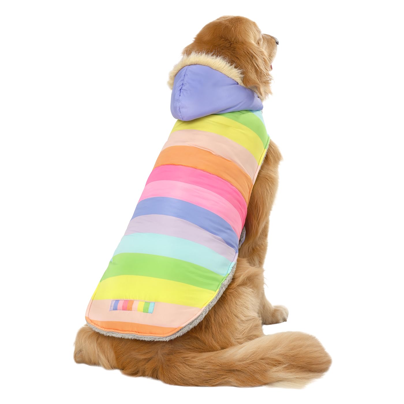 Hde Dog Puffer Jacket Fleece Lined Warm Dog Parka Winter Coat With Harness Hole Pastel Rainbow - L