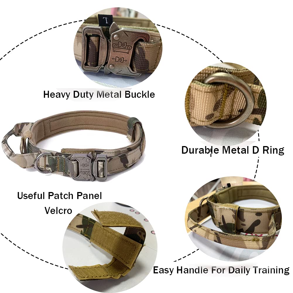 Tactical Dog Collar And Leash Set Tactical Dog Collar With Handle Bungee Leash Adjustable Military Training Nylon Collar Dog Training Collar Leash Set With Control Handleand Metal Buckle (Camo L