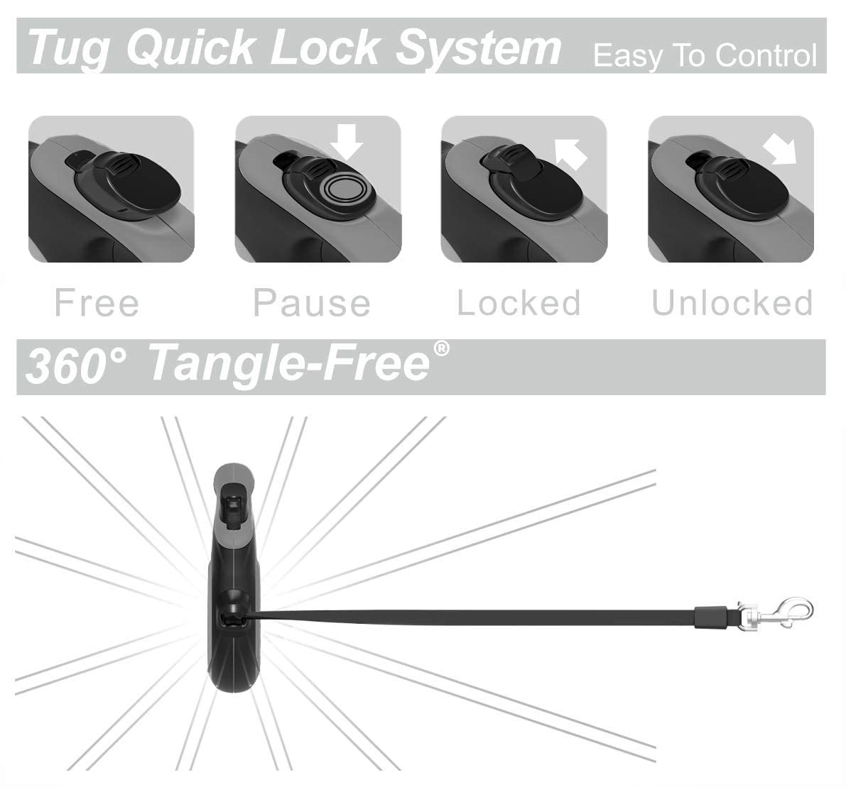TUG 360° Tangle-Free Retractable Dog Leash, Medium Grey with Waste Bag Dispenser - Perfect for Active Dogs